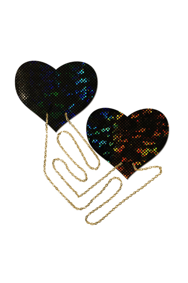 Black Shattered Disco Ball Heart with Gold Tone Chains Nipple Pasties by Pastease®